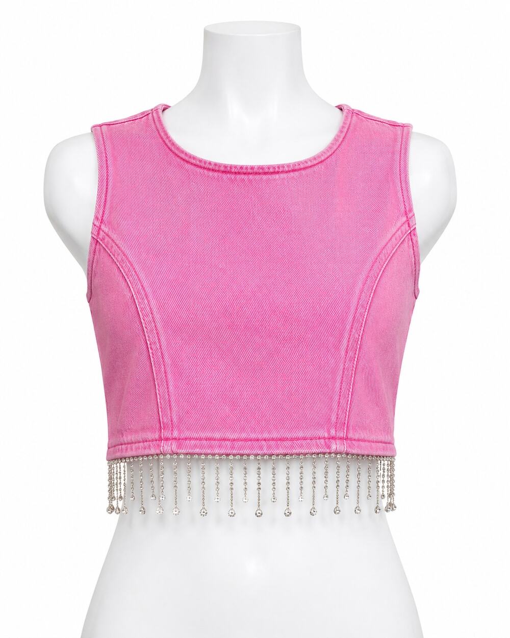 GeeGee Pink Denim Rhinestone Fringe Crop Top Back Zip Y2K Western Cowgirl L
